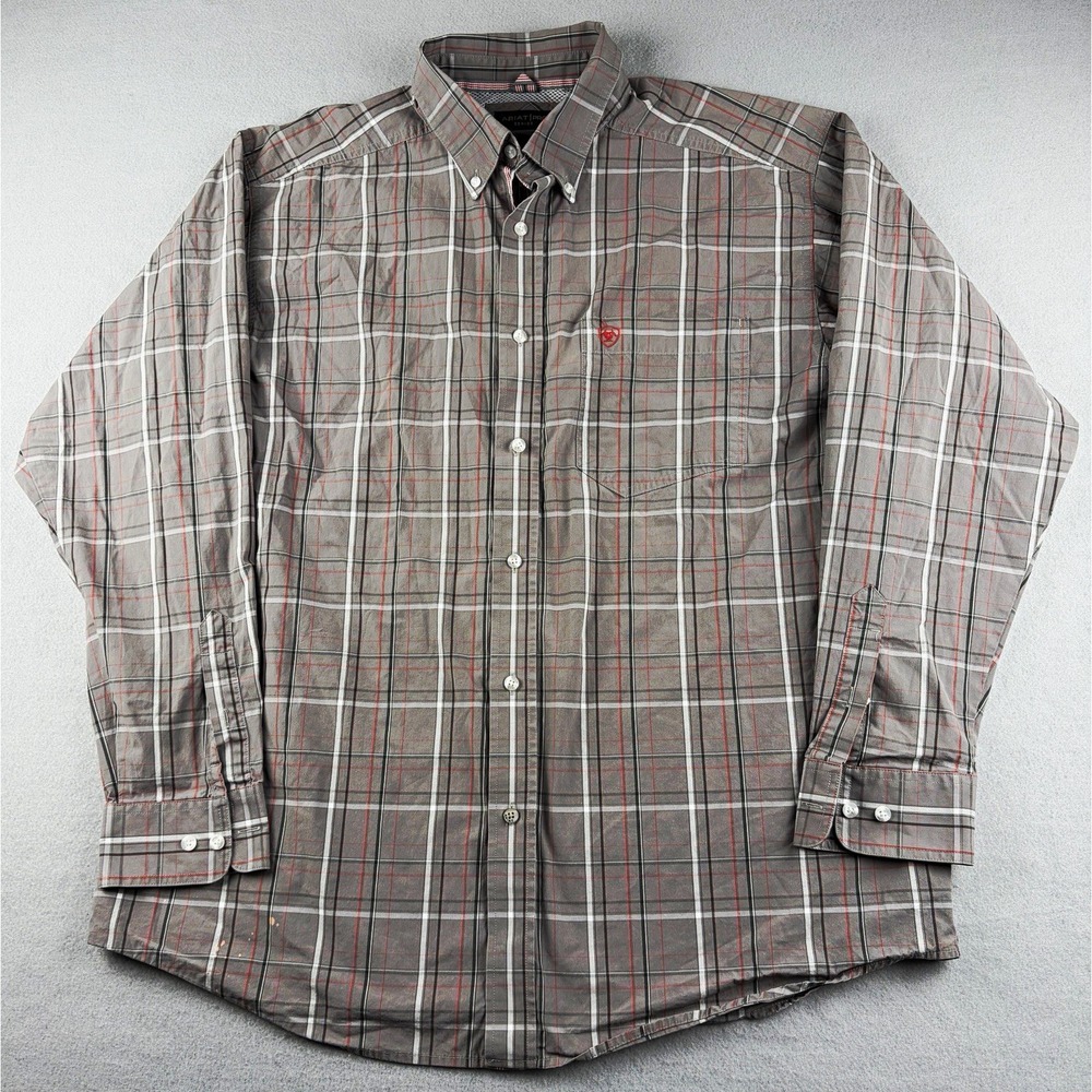 Ariat Pro Series Mens XL Gray Plaid Woven Button Down Shirt L/S Pockets